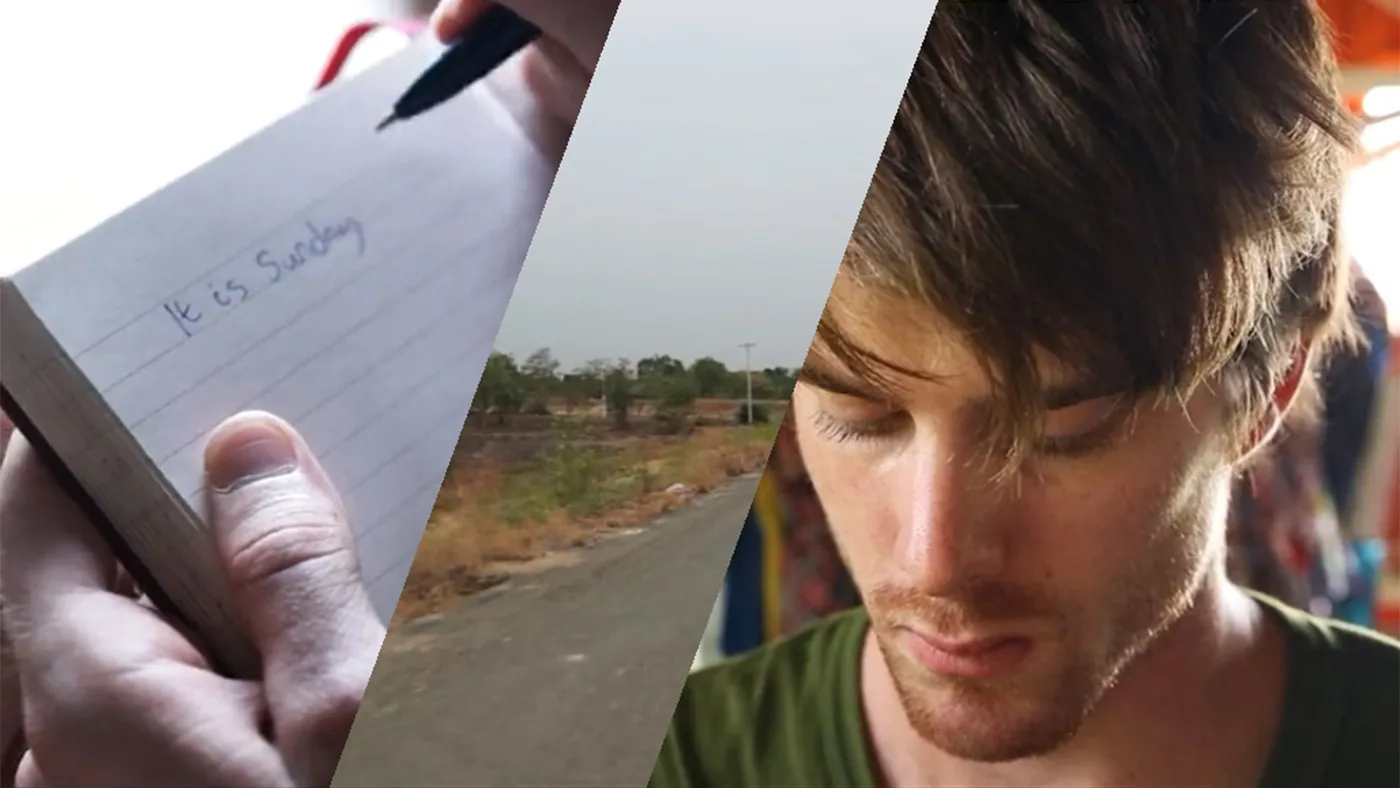 Split-screen still: a written note and a young man on a dusty road