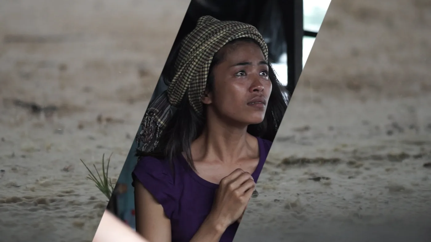 Split-screen still: a woman in the rain beside an alley