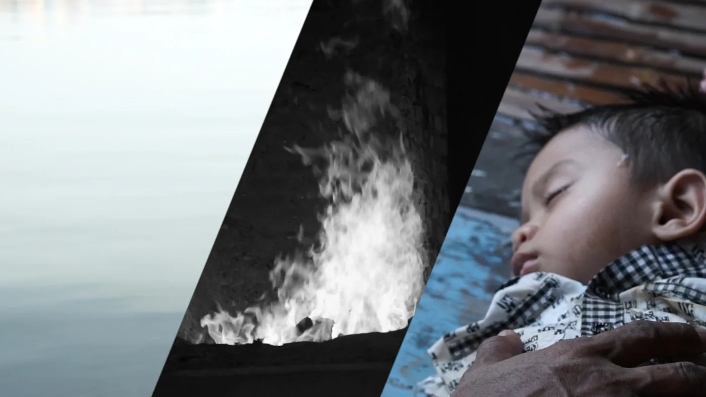 Split-screen still: river spray and a sleeping child
