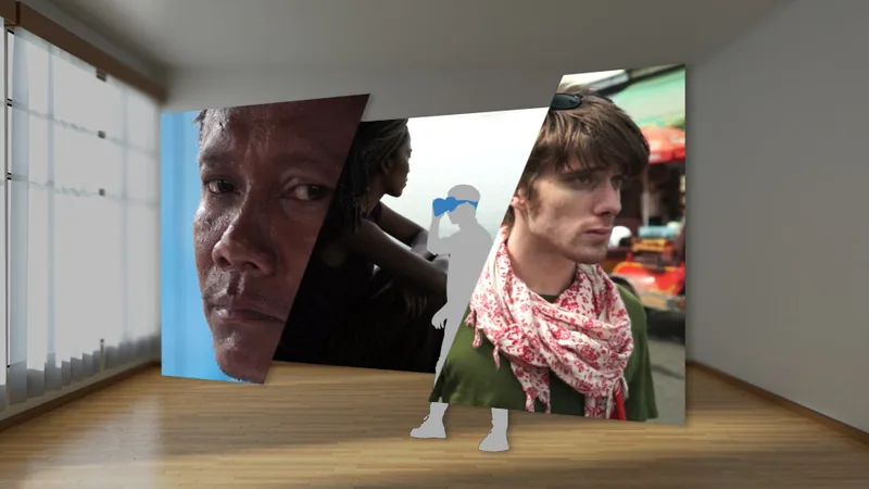 Invisible World VR: three story panels floating in a gallery room