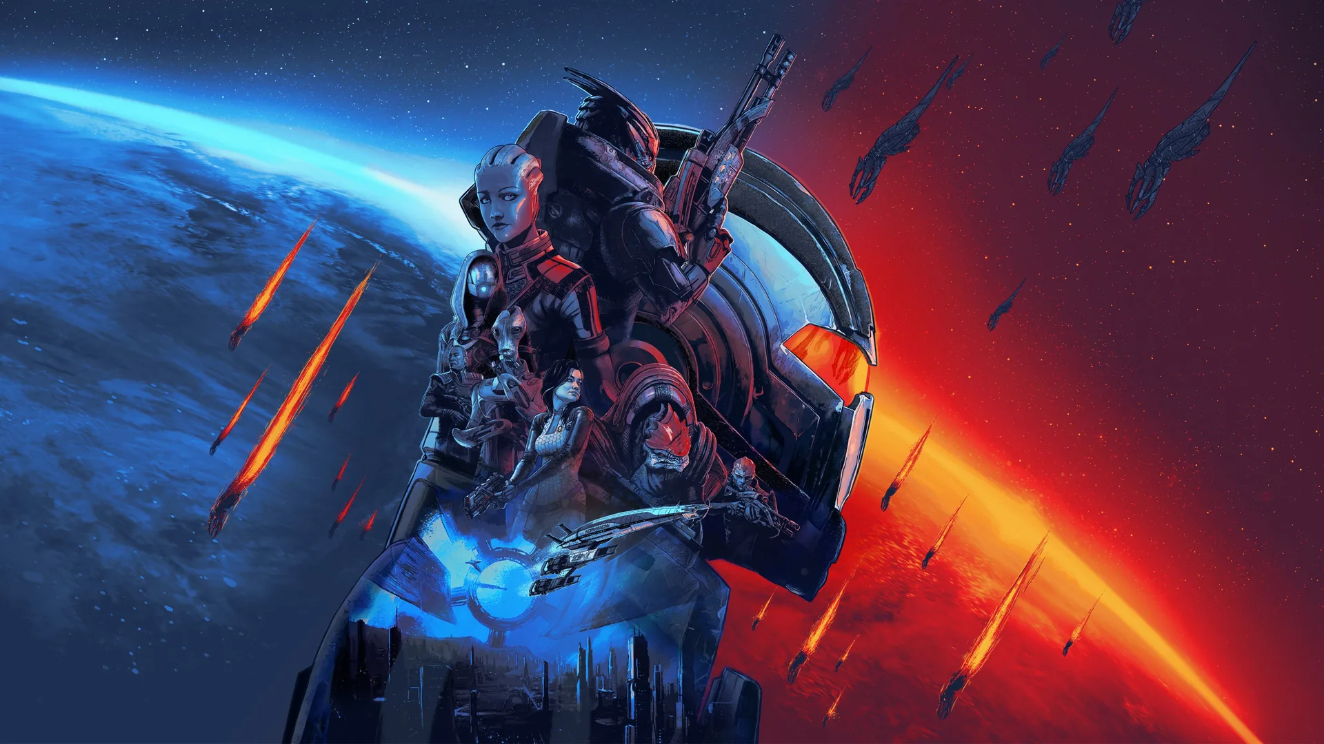 Mass Effect Legendary Edition key art: Shepard and squad above a burning planet